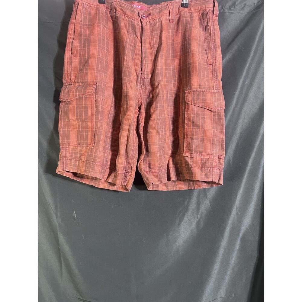 Tommy Bahama Men's Relax Fit Linen Shorts Orange Brown Plaid Flat Front Golf 36